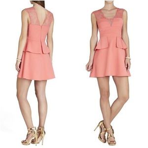 BCBG PINK CORAL "LEEANN" PEPLUM LACE V NECK SLEEVELESS DRESS